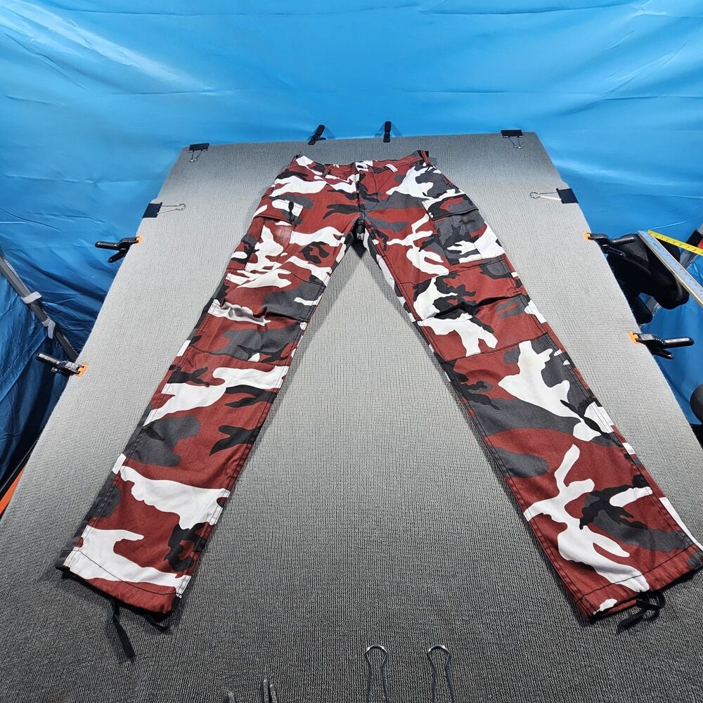 Rothco cargo pants in a red camouflage pattern with multiple pockets